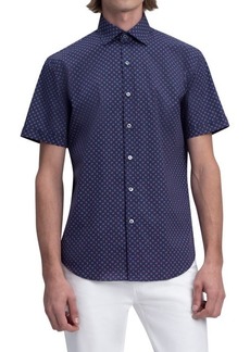 Bugatchi Shaped Fit Stretch Print Short Sleeve Button-Up Shirt in Navy at Nordstrom