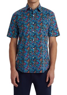 Bugatchi Shaped Fit Stretch Print Short Sleeve Button-Up Shirt in Teal at Nordstrom