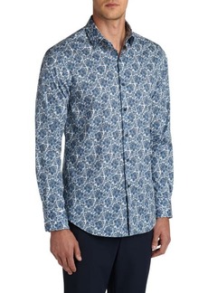 Bugatchi Shaped Fit Tapestry Print Stretch Button-Up Shirt in Teal at Nordstrom