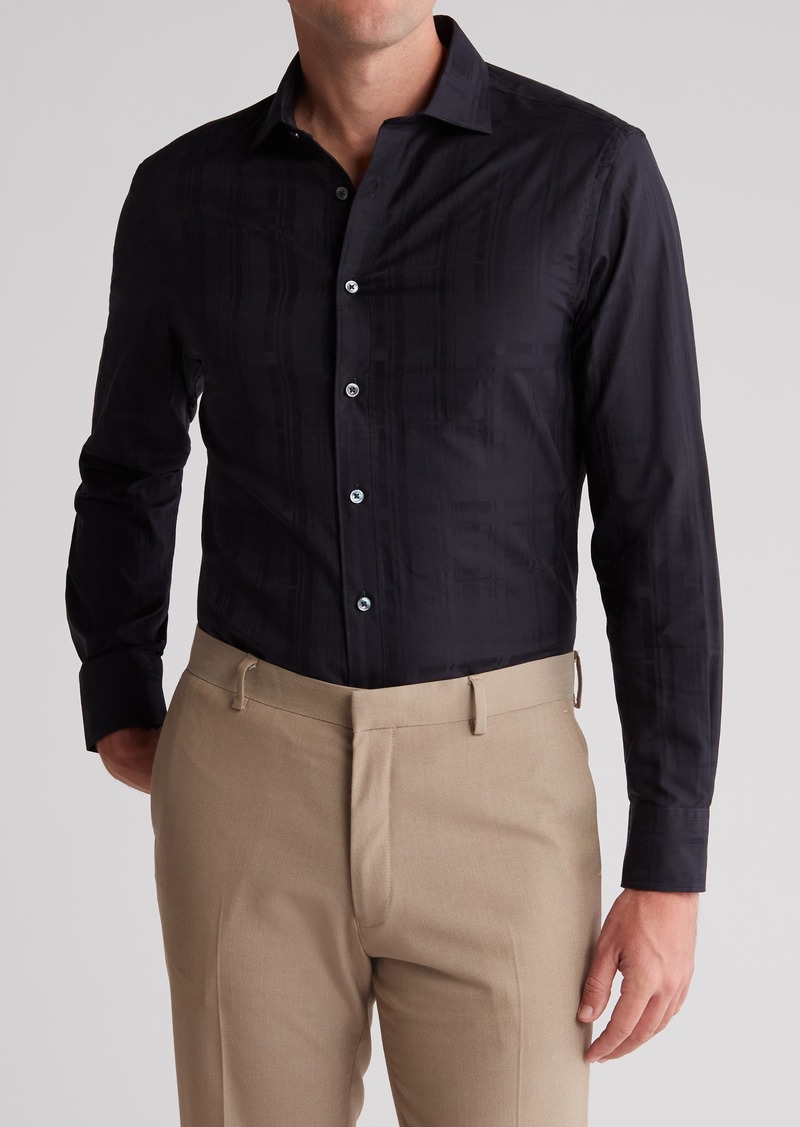 Bugatchi Shaped Fit Tonal Plaid Cotton Button-Up Shirt in Black at Nordstrom Rack