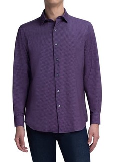 Bugatchi Tech Geo Print Knit Stretch Cotton Button-Up Shirt in Navy at Nordstrom