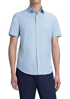 Bugatchi Print Stretch Cotton Short Sleeve Button-Up Shirt in Aqua at Nordstrom