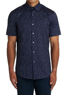Bugatchi Tech Short Sleeve Stretch Cotton Button-Up Shirt in Turquoise at Nordstrom