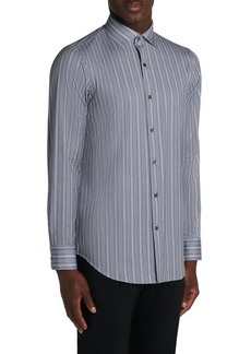 Bugatchi Tech Stripe Knit Stretch Cotton Button-Up Shirt in Charcoal at Nordstrom