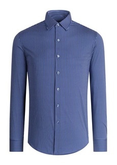 Bugatchi Tech Stripe Stretch Cotton Button-Up Shirt in Night Blue at Nordstrom