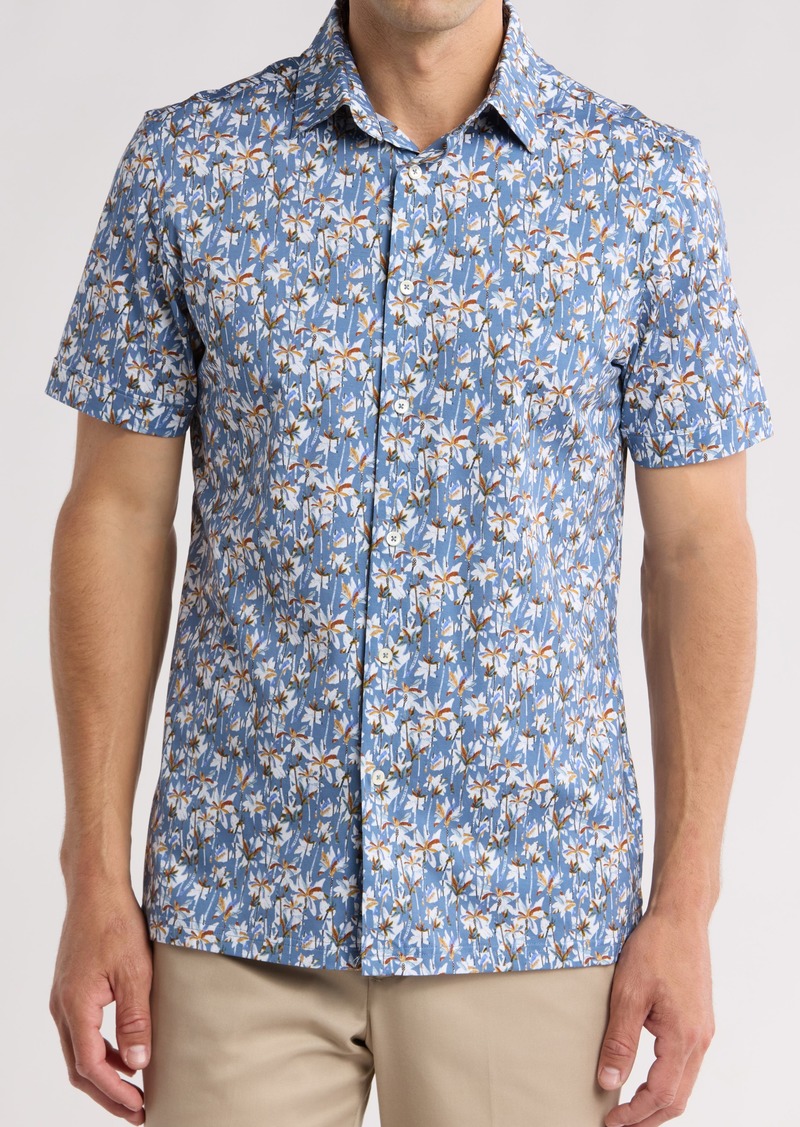 Bugatchi Trim Fit Palm Print Short Sleeve Stretch Cotton Button-Up Shirt in Air Blue at Nordstrom Rack