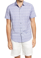Bugatchi Abstract Print OoohCotton(R) Short Sleeve Tech Button-Up Shirt in Classic Blue at Nordstrom