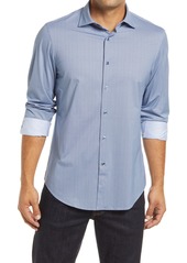 Bugatchi Regular Fit Tech Knit Stretch Cotton Button-Up Shirt in Classic Blue at Nordstrom