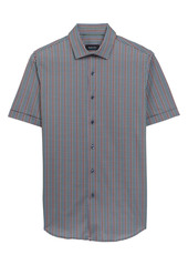 Bugatchi OoohCotton(R) Tech Dot Mini Check Short Sleeve Knit Button-Up Shirt in Navy at Nordstrom