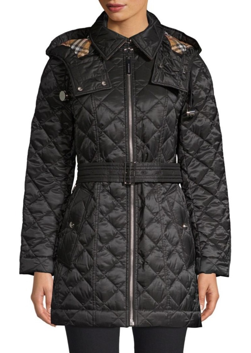 burberry baughton quilted long jacket with belt
