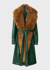 Burberry Belted Leather Trench Coat with Faux Fur Scarf