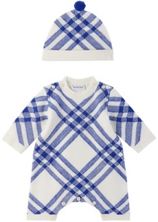 Burberry Baby White & Blue Check Jumpsuit & Beanie Set