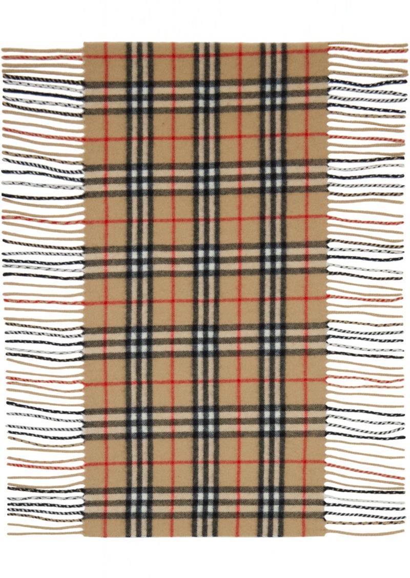 Burberry Beige Check Cashmere Fringed Scarf