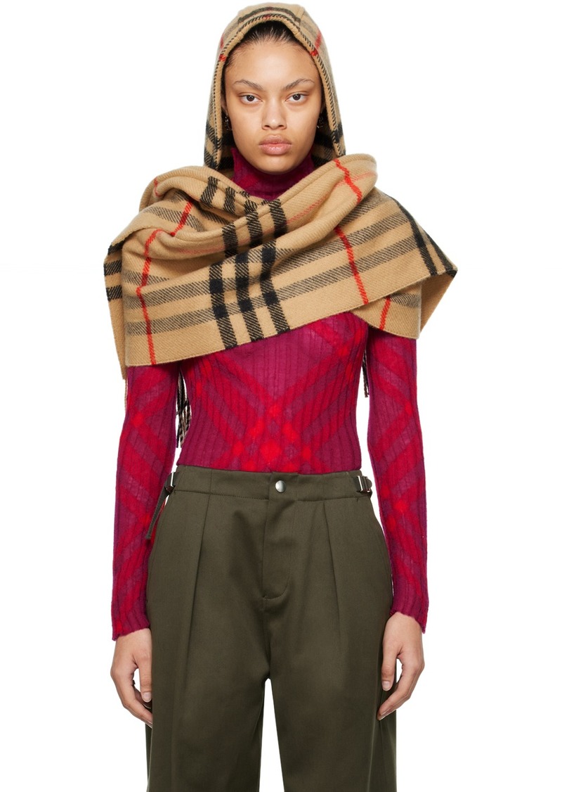 Burberry Beige Check Wool Cashmere Hooded Scarf