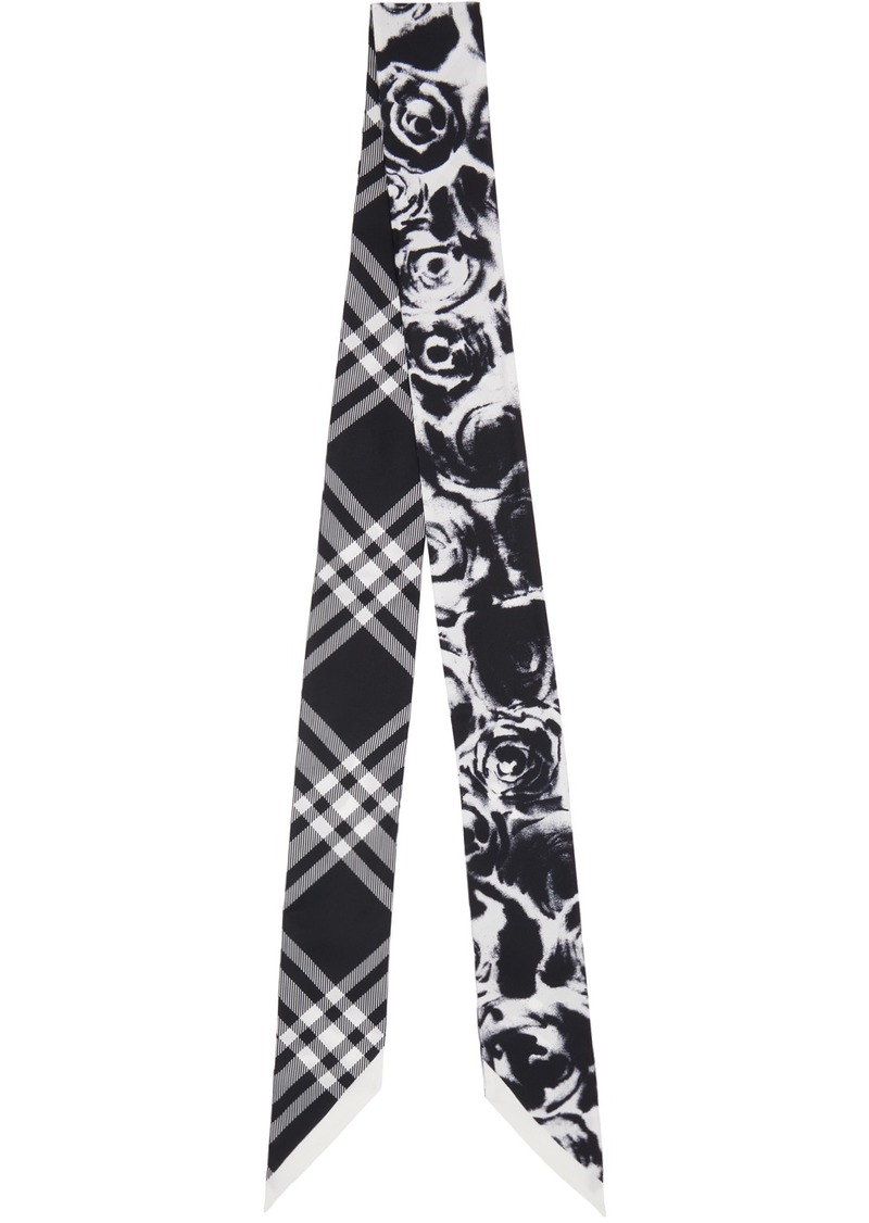 Burberry Black & White Skinny Reversible Rose Silk Scarf