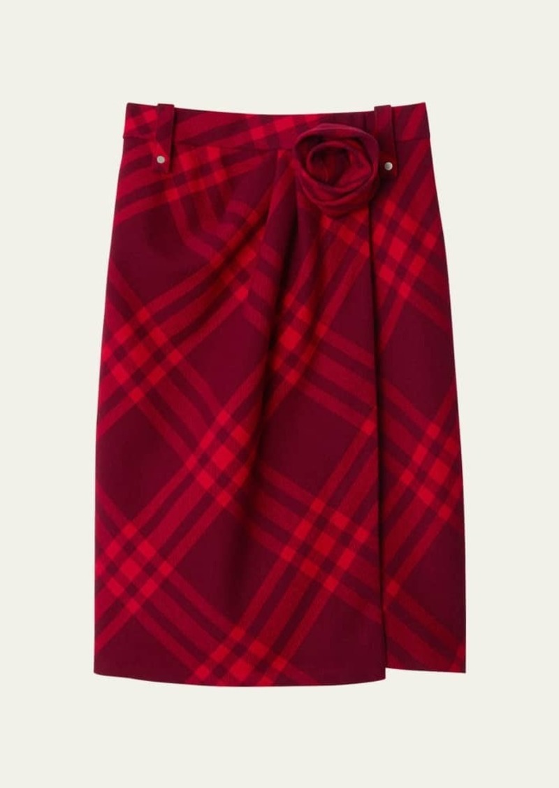 Burberry Check Wool Pencil Skirt with Rosette Detail