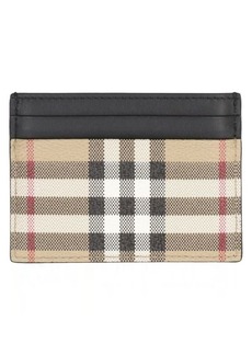 BURBERRY LEATHER AND CHECKED FABRIC CARD HOLDER