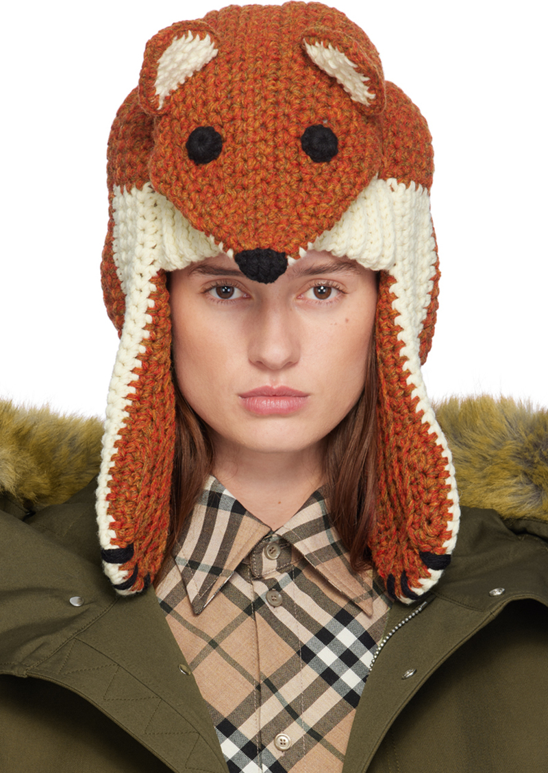 Burberry Orange Wool Fox Beanie