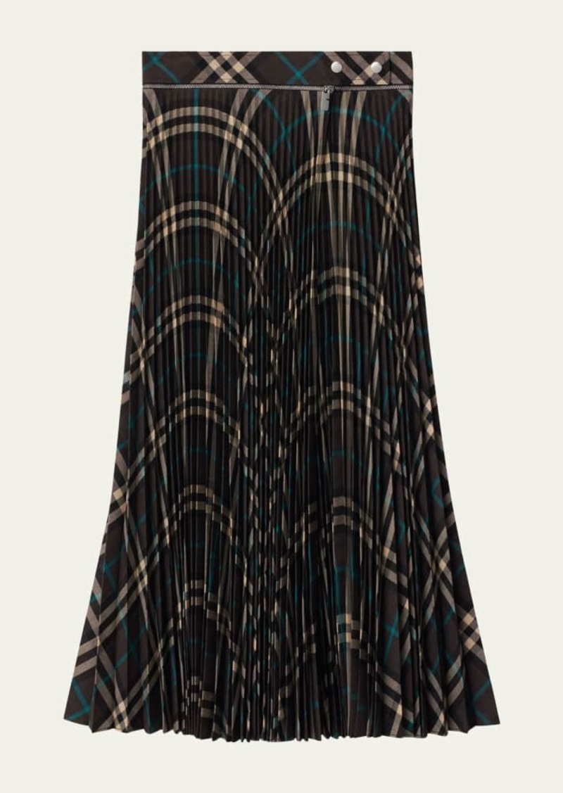 Burberry Pleated Check Midi Skirt with Slit