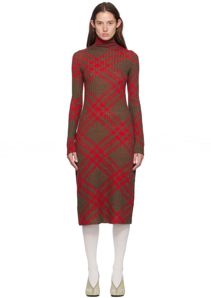 Burberry Red & Brown Check Midi Dress