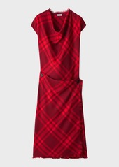 Burberry Check Cap-Sleeve Fringe-Edge Wrap Wool Dress