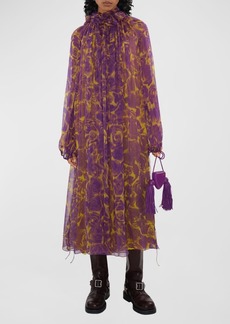 Burberry Chiffon Midi Dress with Floral Applique Detail