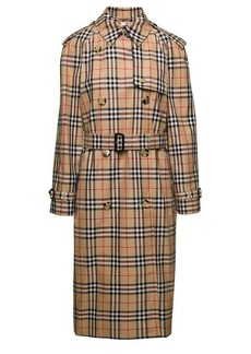 Burberry 'Harehope' Beige Double-Breasted Trench Coat with Matching Belt and Check Print in Cotton Woman