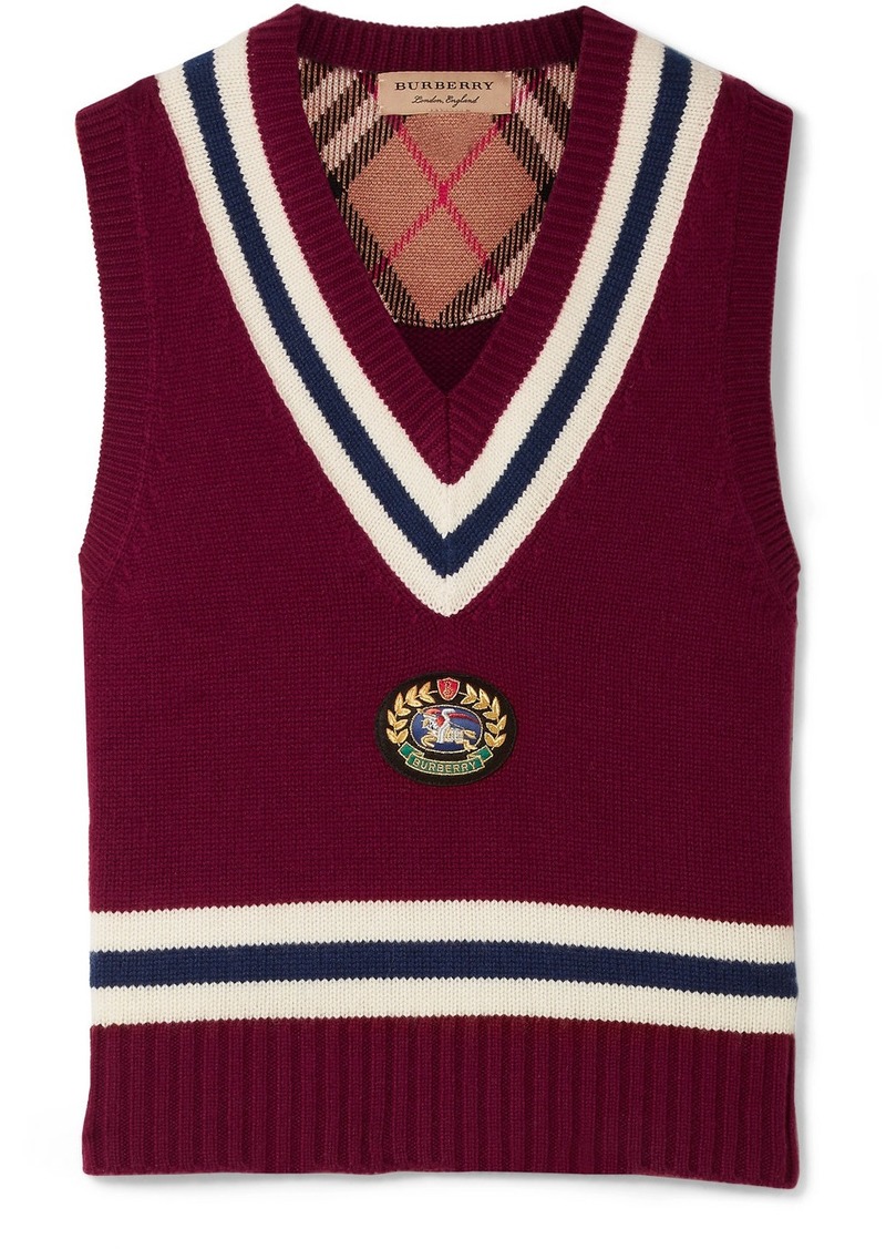 Burberry Maringa Logo Patch Striped Wool And Cashmere-blend Knit Vest |  Sweaters