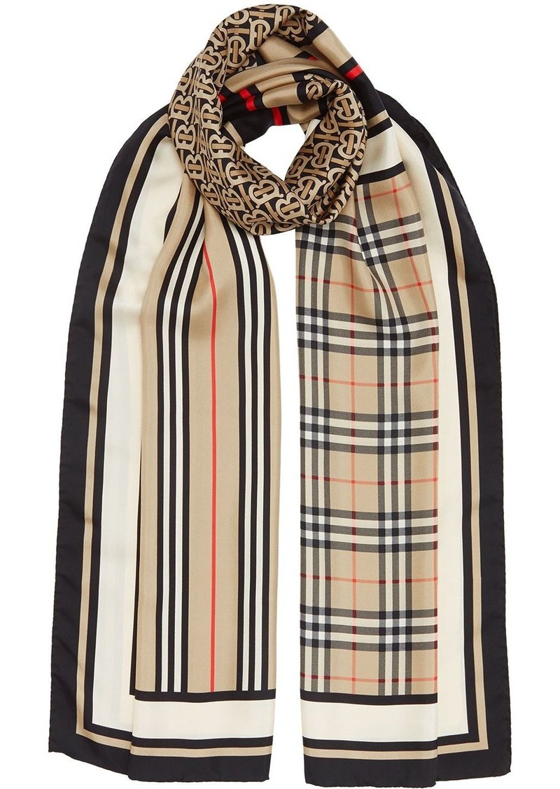 Burberry Monogram, Icon Stripe and Check Print Silk Scarf