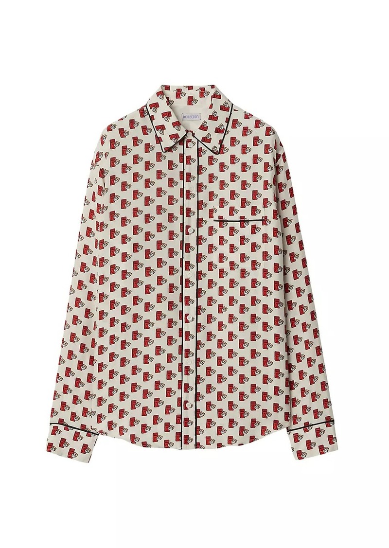 Burberry Postbox-Print Silk Long-Sleeve Blouse