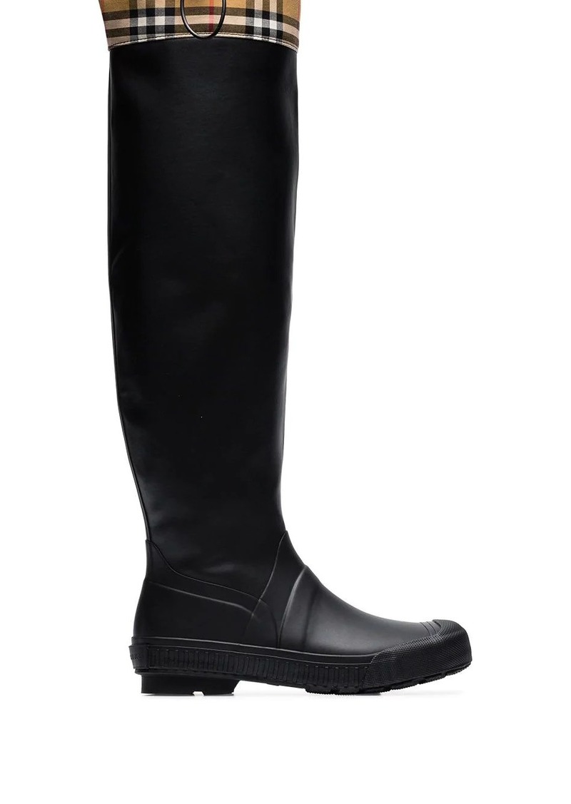 check and rubber knee-high rain boots 