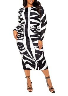 BUXOM COUTURE Animal Print Ruched Long Sleeve Maxi Dress