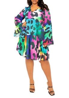 BUXOM COUTURE Animal Print Tiered Long Sleeve Shift Dress