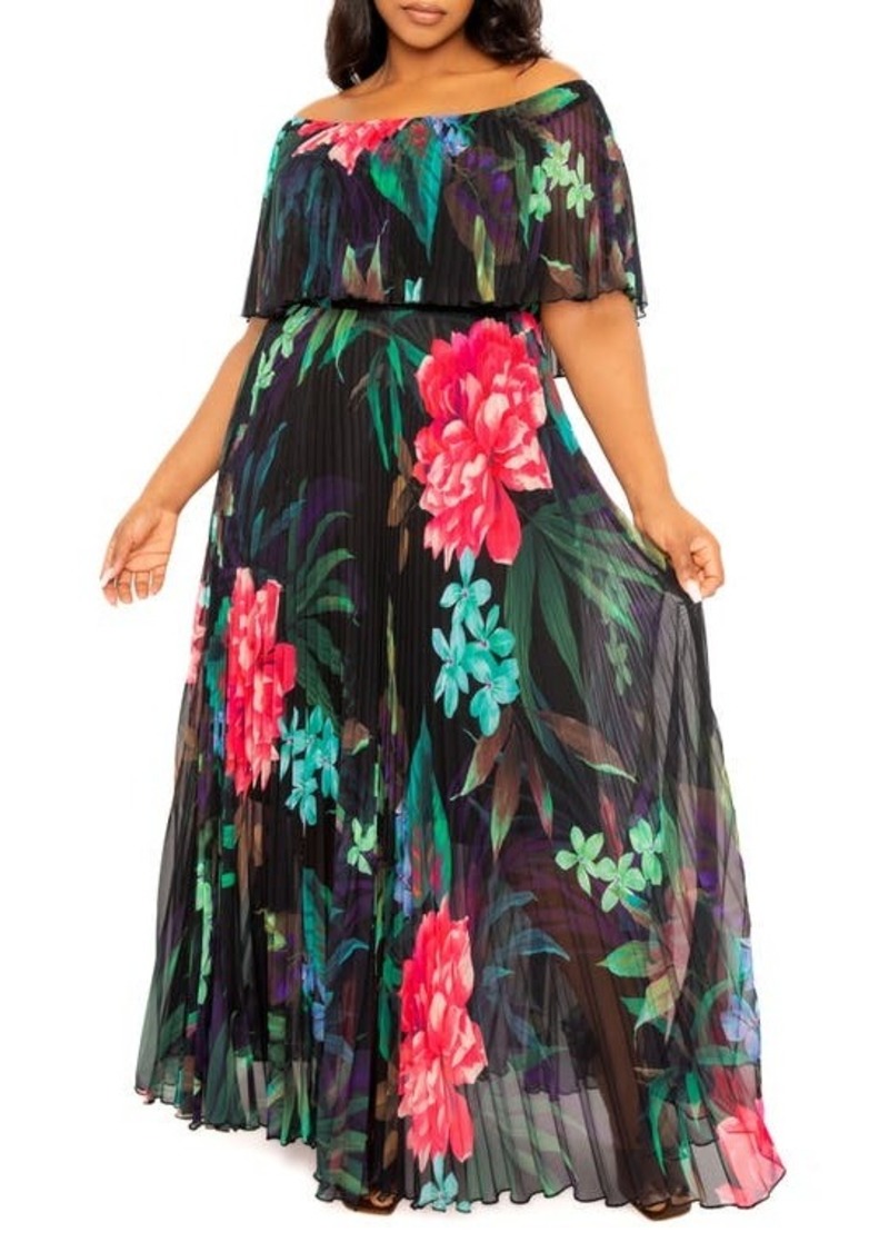 BUXOM COUTURE Floral Pleated Off the Shoulder Maxi Dress