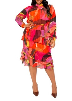BUXOM COUTURE Long Sleeve Tiered Dress