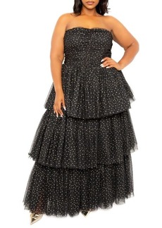 BUXOM COUTURE Metallic Polka Dot Strapless Tiered Tulle Dress
