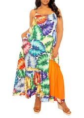 BUXOM COUTURE Palm Print Blocked Maxi Sundress