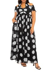 BUXOM COUTURE Polka Dot Off the Shoulder Halter Maxi Dress