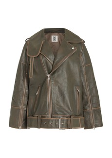 By Malene Birger - Exclusive Beatrisse Oversized Leather Moto Jacket - Green - EU 40 - Moda Operandi