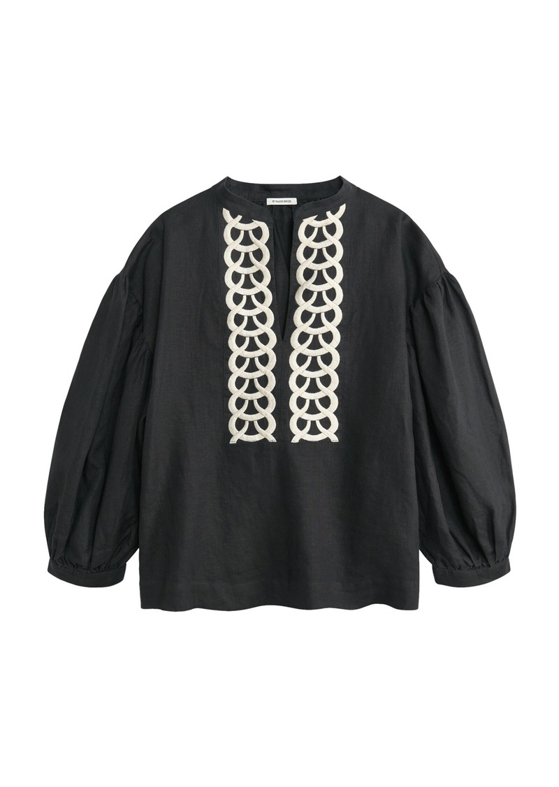 By Malene Birger - Puff-Sleeve Linen Top - Black/white - EU 42 - Moda Operandi