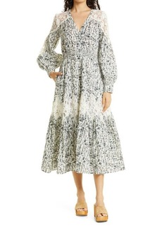 byTiMo Floral Lace Mixed Media Long Sleeve Linen & Cotton Maxi Dress in Blue Flowers at Nordstrom