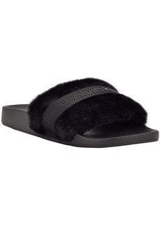 Calvin Klein Anzen Womens Faux Fur Logo Slide Sandals