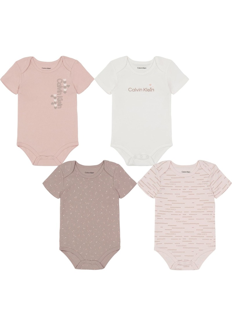 Calvin Klein Baby Girls 4-Pack Short Sleeve Bodysuit Everyday Casual Wear Ultra-Soft & Comfortable Fit Egret/Heavenly Pink/Sepia Rose/Sphinx