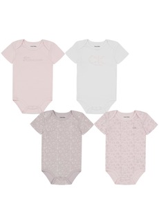 Calvin Klein Baby Girls 4-Pack Short Sleeve Bodysuit Everyday Casual Wear Ultra-Soft & Comfortable Fit Heavenly Pink/Lilac Marble/Bright White