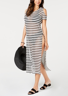 Calvin Klein Crochet Striped Cold-Shoulder Cover-Up, Created for Macy's - Black/Gray