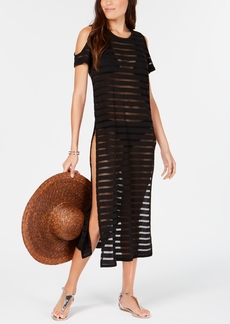 Calvin Klein Crochet Striped Cold-Shoulder Cover-Up, Created for Macy's - Black/Black