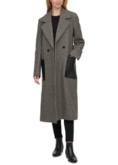 Calvin Klein Faux-Leather-Pocket Houndstooth Maxi Coat