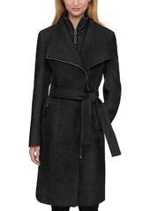 Calvin Klein Faux-Leather Trim Belted Wrap Coat, Created for Macy's