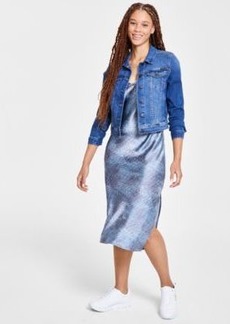 Calvin Klein Jeans Womens Denim Trucker Jacket Charmeuse Bias Slip Dress