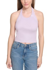 Calvin Klein Jeans Women's Ribbed Embroidered-Logo Cropped Halter Top - Orchid/white